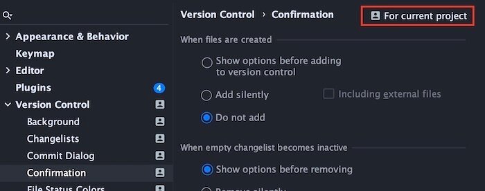 Screenshot of the PhpStorm project settings for version control