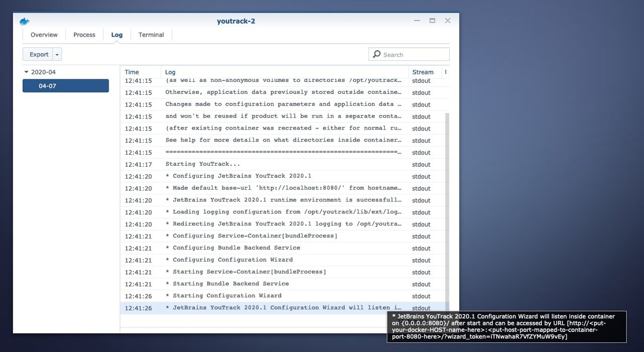 Logs of the YouTrack container