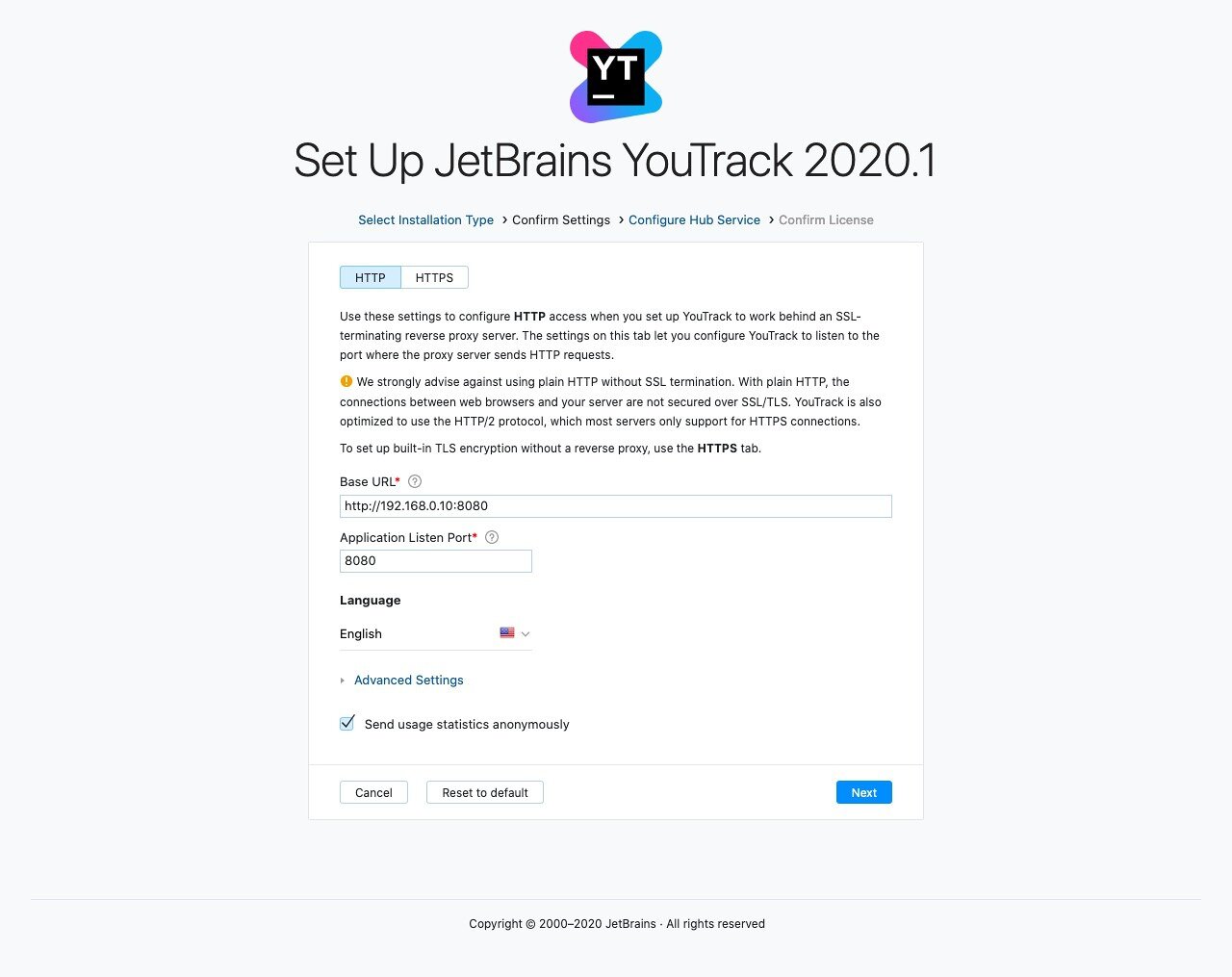 YouTrack setup host settings