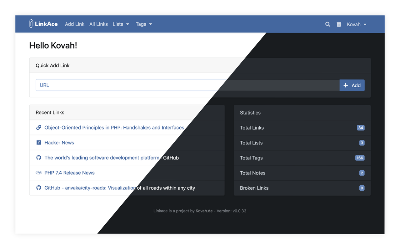 Preview of the LinkAce interface